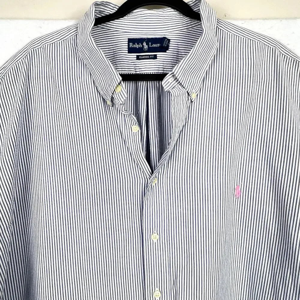 Ralph Lauren 3XB Seersucker Men Shirt Blue White Striped Short Sleeve Pink Pony